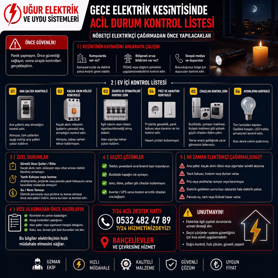 Gece Elektrik Kesintisinde Acil Durum Kontrol Listesi: Nöbetçi Elektrikçi Çağırmadan Önce Yapılacaklar