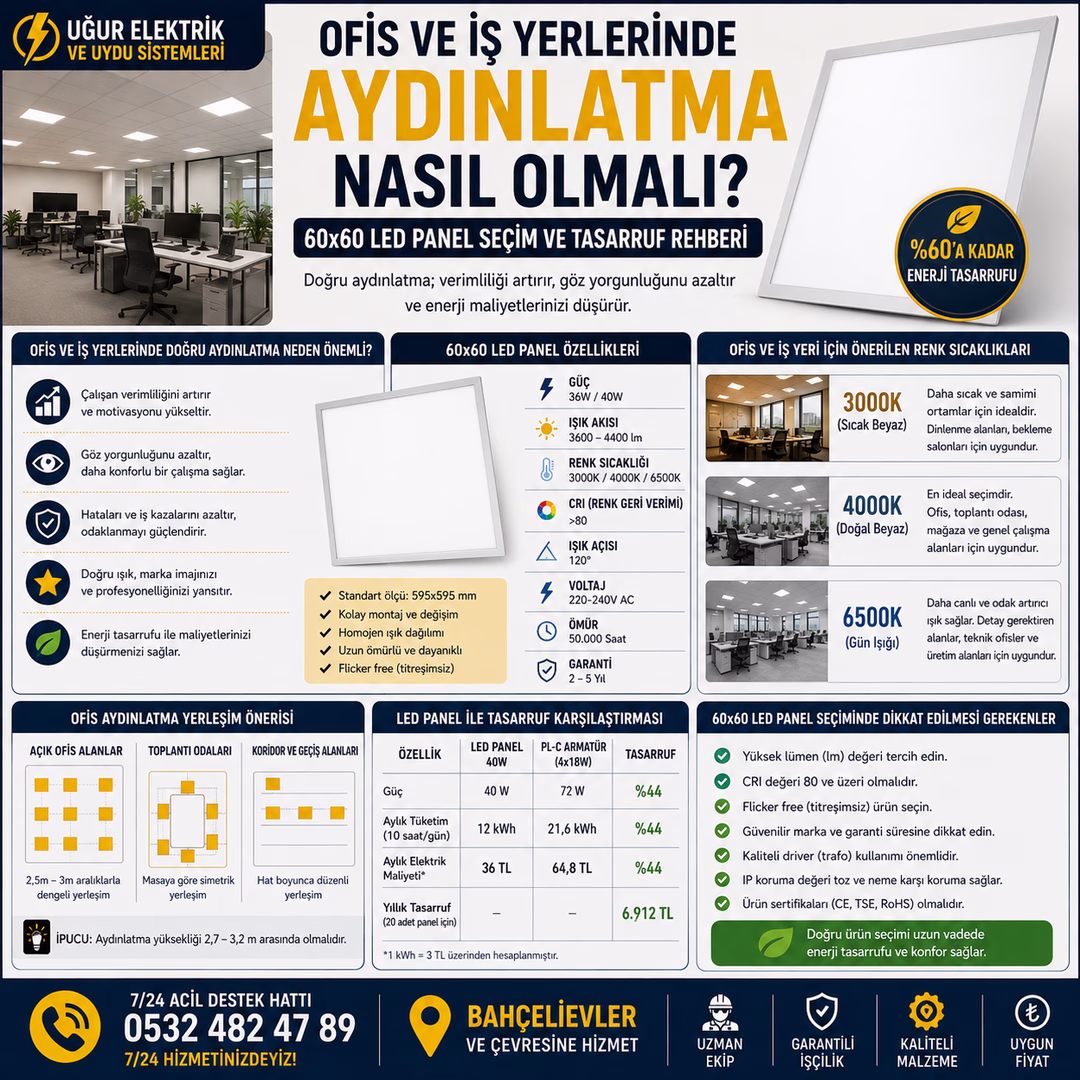 Ofis ve İş Yerlerinde Aydınlatma Nasıl Olmalı? 60x60 LED Panel Seçim ve Tasarruf Rehberi