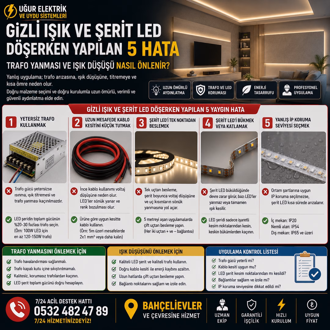 Gizli Işık ve Şerit LED Döşerken Yapılan 5 Hata: Trafo Yanması ve Işık Düşüşü Nasıl Önlenir?